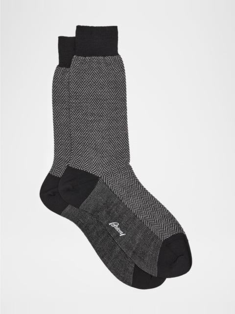 Brioni Men's Wool Herringbone Jacquard Mid-Calf Socks