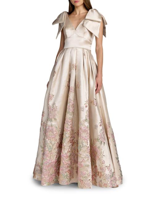 MAC DUGGAL Women's Floral Brocade Bow V-Neck Gown - Champagne Multi