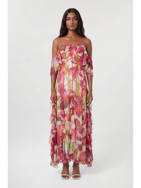 KAREN MILLEN Crinkle Floral Print Beaded Cold Shoulder Maxi Dress