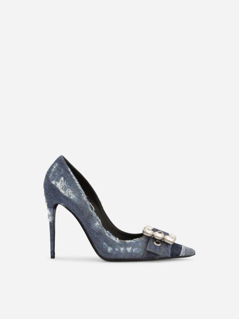 Patchwork denim pumps with rhinestone buckle