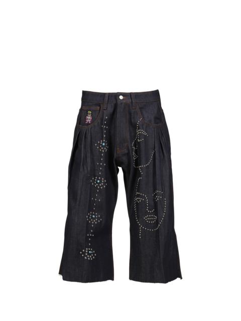 KidSuper STUDDED FACE PLATED LONG SHORTS / RAW DENIM