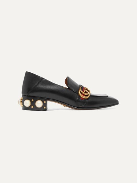 GUCCI Peyton logo and faux pearl-embellished leather collapsible-heel pumps