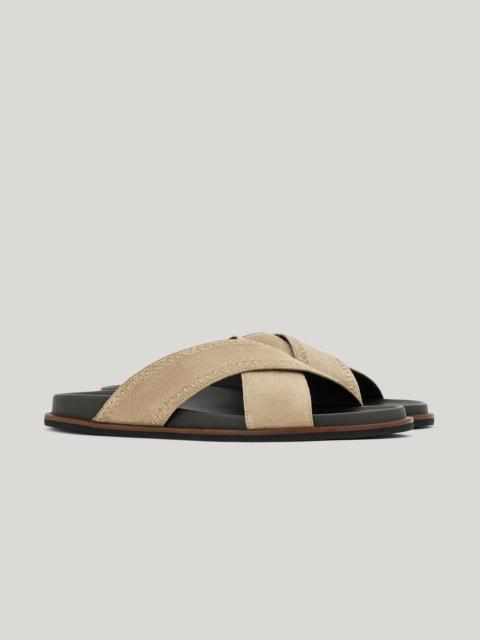 Canali BEIGE SUEDE CRISS-CROSS SANDALS WITH DECORATIVE PERFORATED STITCHING