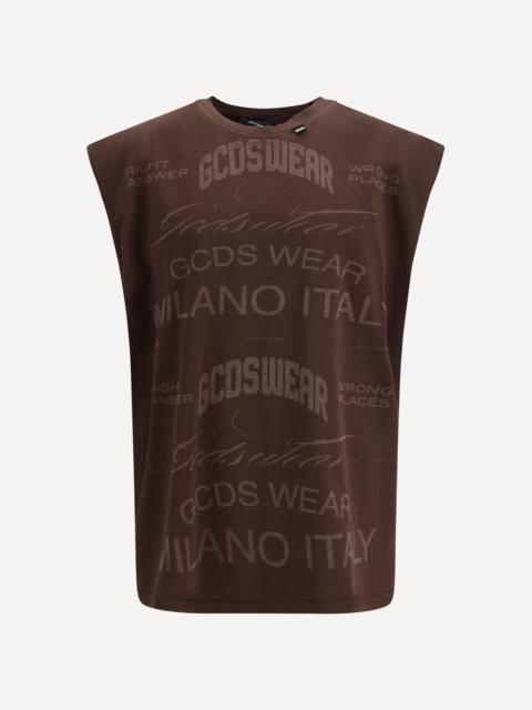 GCDS History Sleeveless T-Shirt in cotton with all-over “History” print