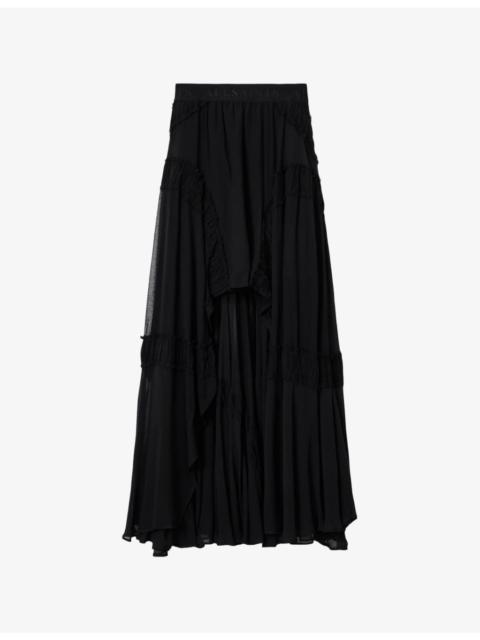 ALLSAINTS Dorina Branded-Waistband Ruched Cotton Midi Skirt