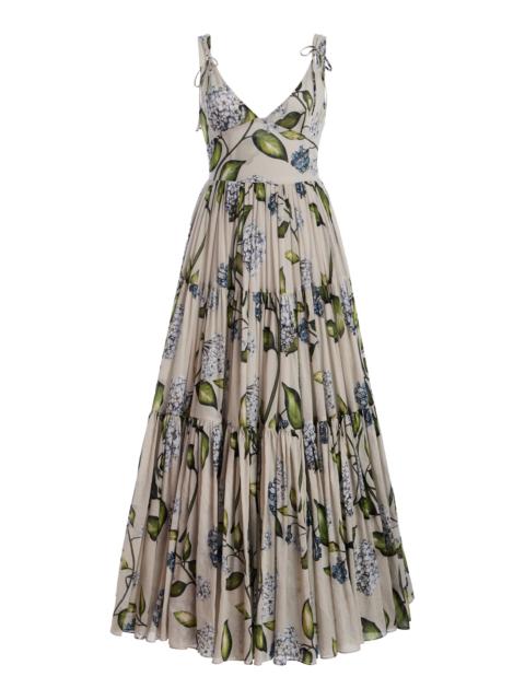 Oscar de la Renta Porcelain Flowers Pleated Cotton-Voile Midi Dress tan
