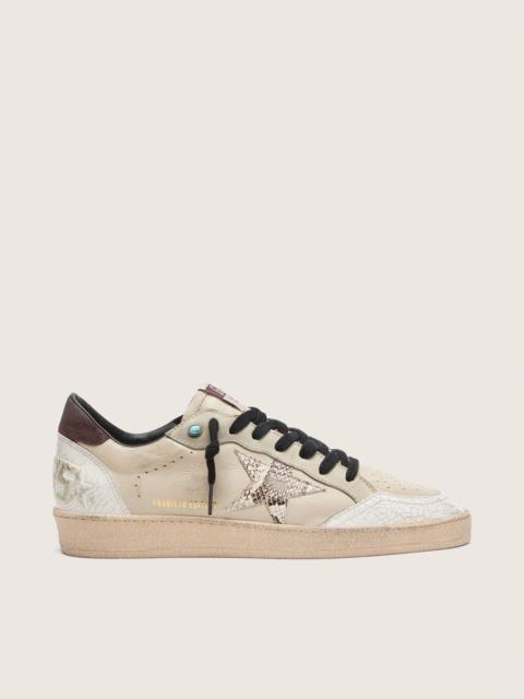 Golden Goose Men’s Ball Star LTD in cream leather with snake-print star