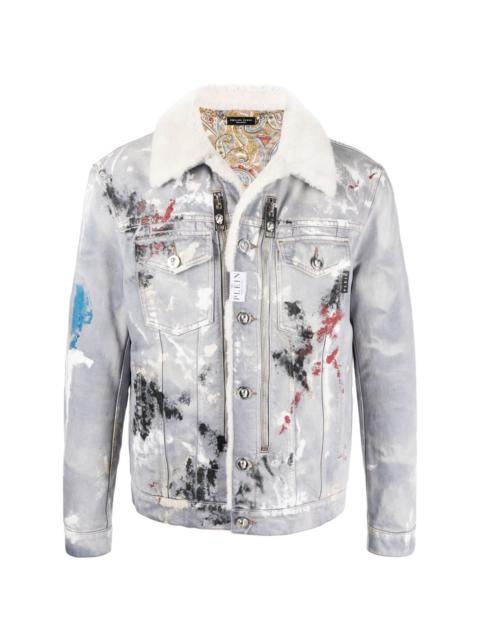 painterly-print sherpa denim jacket