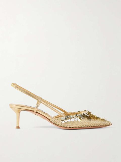 AQUAZZURA Can Can 50 embellished tulle and metallic woven leather slingback pumps Gold
