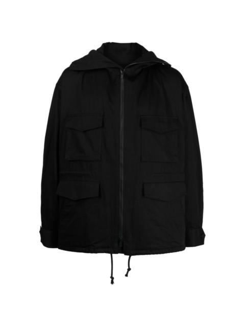 drawstring-hooded cargo-pocket jacket
