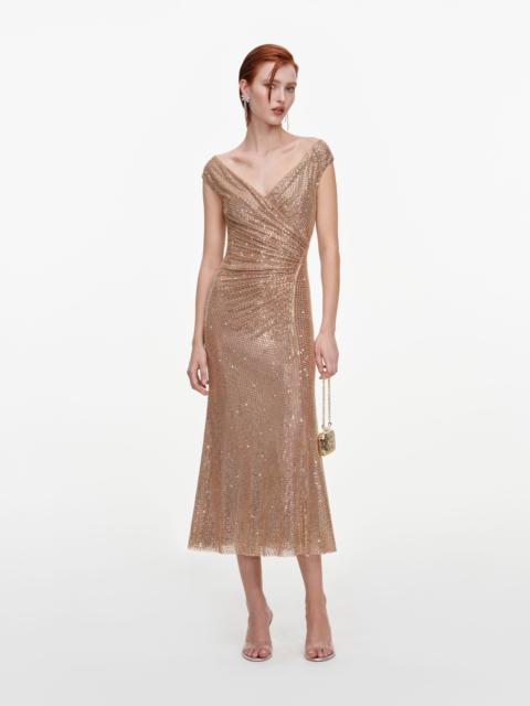 self-portrait Gold Rhinestone Off Shoulder Midi Dress