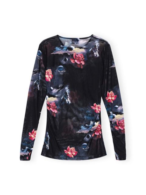 GANNI PRINTED MESH LONG SLEEVE GATHERED BLOUSE