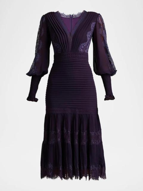 TADASHI SHOJI Pleated Chiffon & Lace Bishop-Sleeve Dress