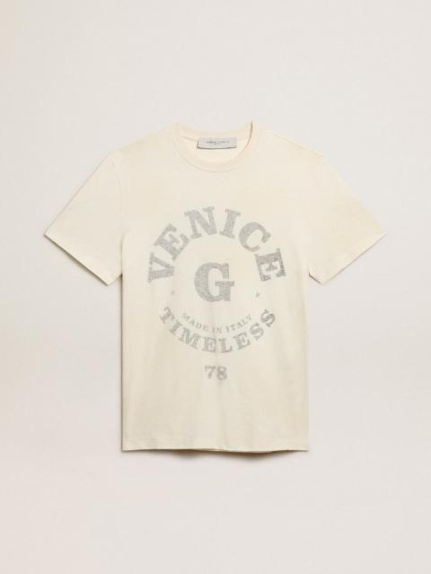 Golden Goose Men’s cotton T-shirt in aged white with faded lettering