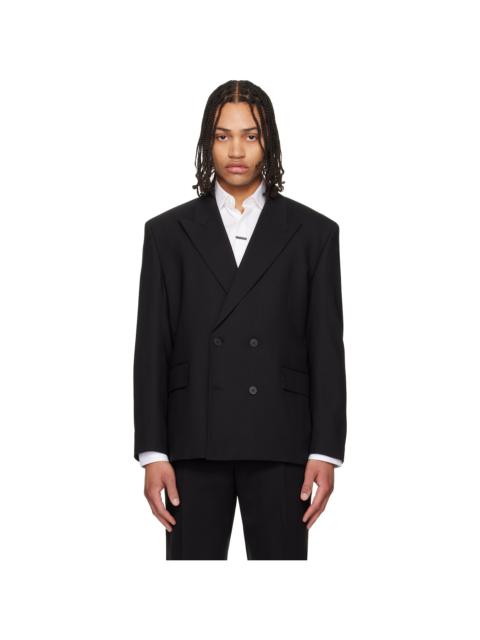HUGO Black Double-Breasted Wool-Blend Twill Blazer