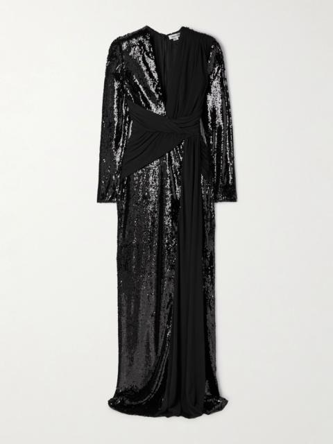 ZUHAIR MURAD Draped paneled sequined tulle and jersey gown Black