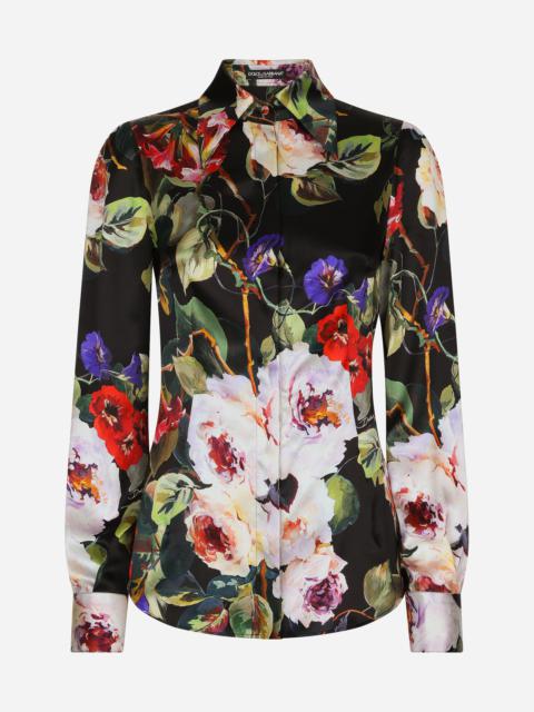 Satin shirt with rose garden print