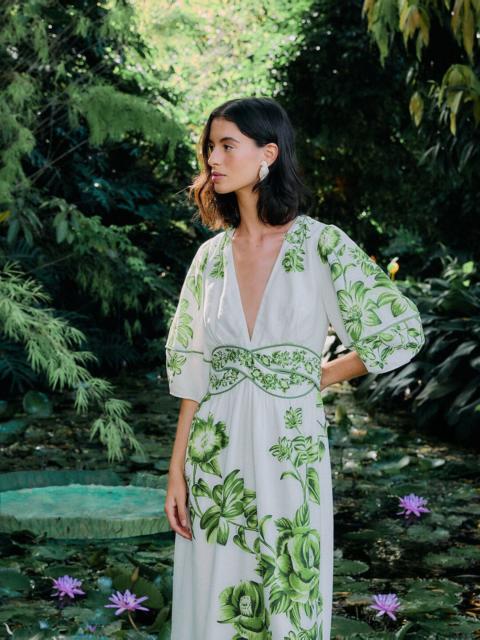 FARM RIO Off-White Green Floral Cascade Lenzing™ Ecovero™ Euroflax™ Midi Dress
