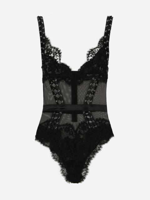 Lace and tulle bodysuit with lacing and eyelets