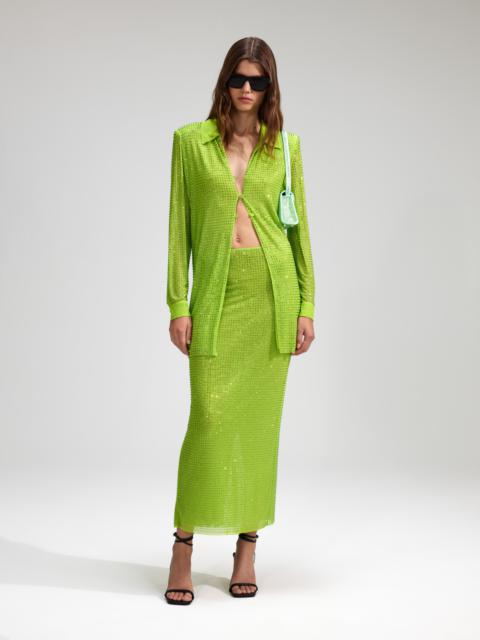Green Rhinestone Mesh Midi Skirt