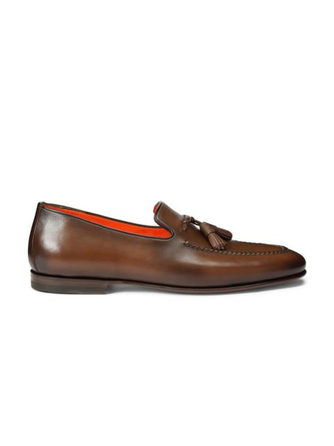 Santoni Men's polished brown leather tassel loafer