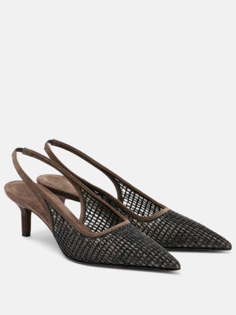 Brunello Cucinelli Monili 55 suede-trimmed slingback pumps