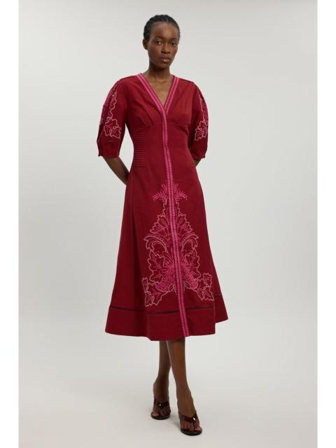 KAREN MILLEN Linen Blend Beaded Cutwork Midi Dress