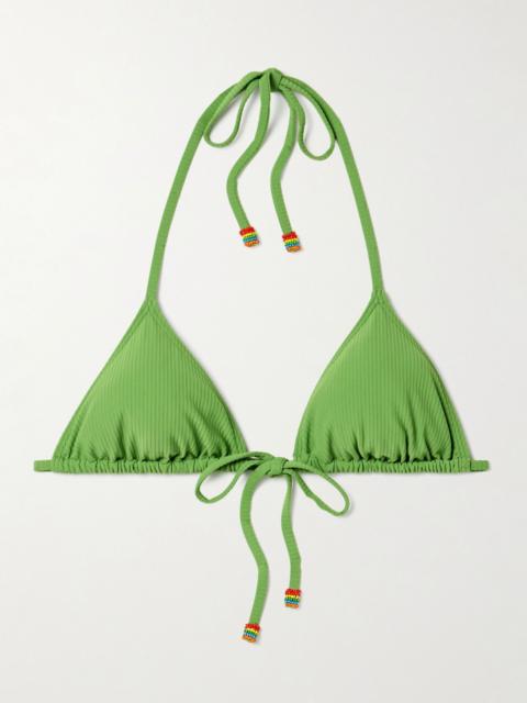 STAUD Lido bead-embellished ribbed triangle bikini top Green