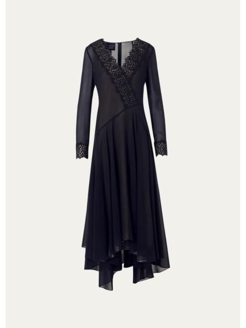 AKRIS Lace V-Neck Silk Georgette Asymmetric Midi Dress
