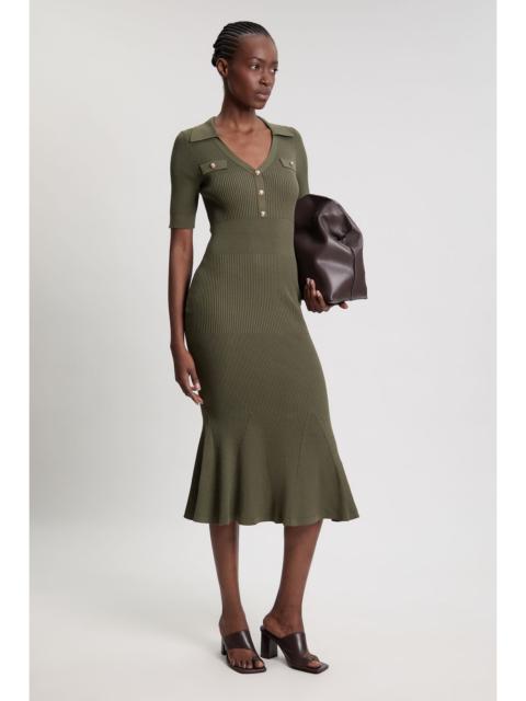 KAREN MILLEN Military Trim Rib Knit Collared Maxi Dress
