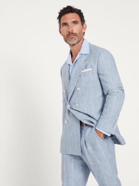 Linen wide chalk stripe one-and-a-half breasted deconstructed blazer with patch pockets