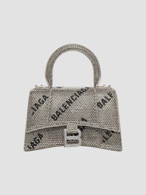 BALENCIAGA Women's Hourglass XS Handbag With Chain And Allover Logo Rhinestones - Silver Black