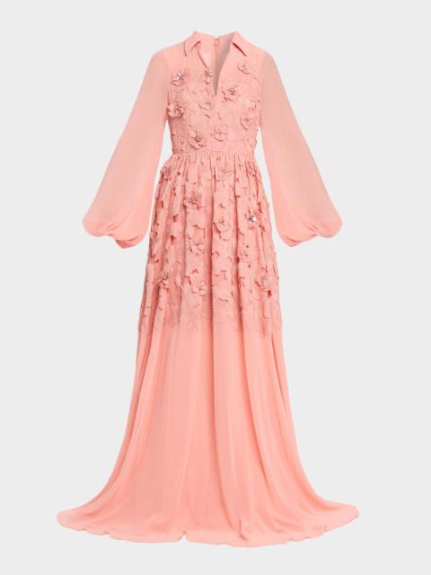 BADGLEY MISCHKA Blouson-Sleeve Floral Lace Georgette Gown