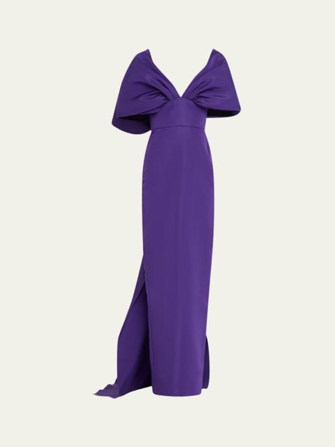 Marchesa Kimono-Sleeve Faille Column Gown with Train