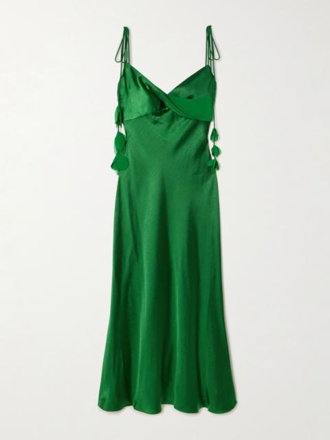 self-portrait Appliquéd georgette-trimmed draped satin midi dress Green