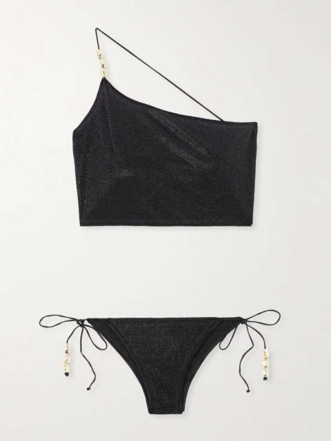 One-shoulder embellished metallic bikini Black