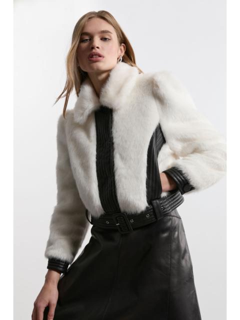 KAREN MILLEN Faux Fur Pu Panelled Belted Cropped Jacket