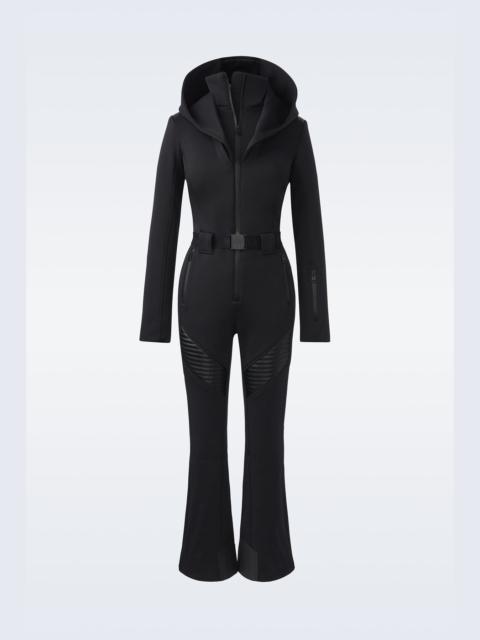ELLE Agile-360 down ski suit with removable hood and shearling trim