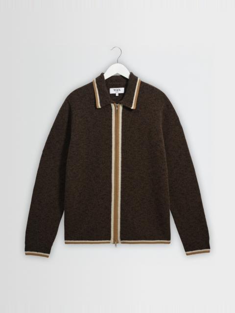 Wax London Lennox - Brown And Natural Long-Sleeve Knitted Zip Polo