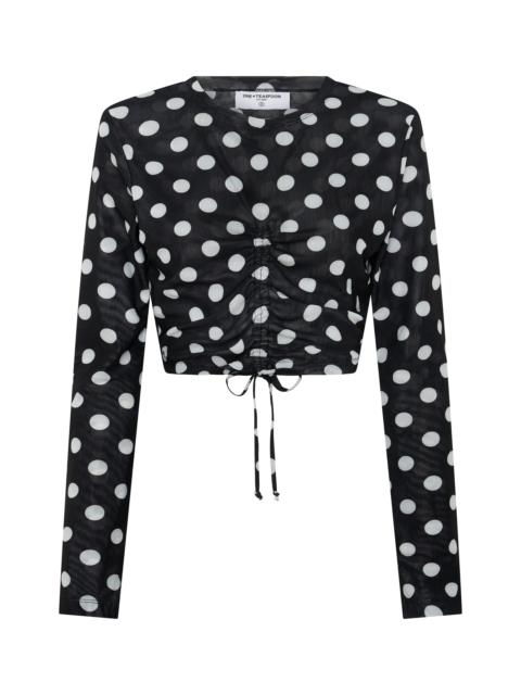 ONE TEASPOON Polka Darling Sheer Mesh Longsleeve Crop Top - Black & White Polka Dot