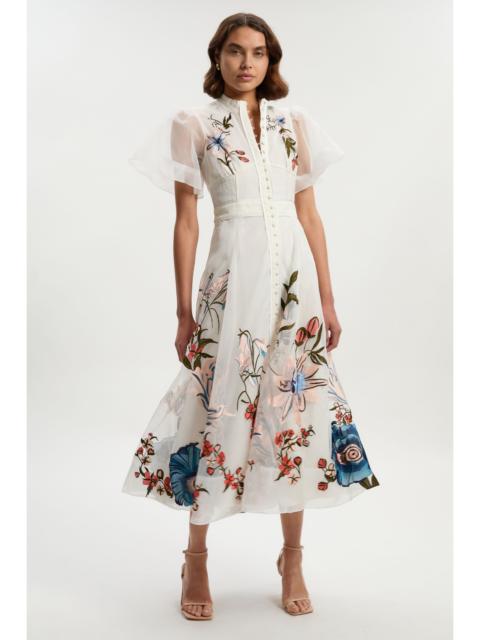 KAREN MILLEN Botanical Embroidery Organdie Angel Sleeve Midi Dress