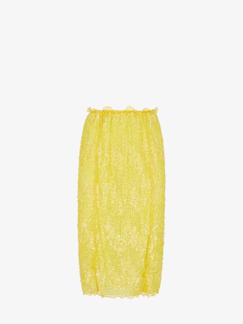 FENDI Straight midi skirt with elastic fitted waist. Made of yellow silk chiffon, entirely covered with al