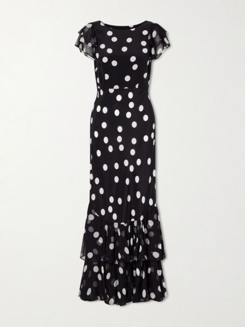RIXO Ordinia polka-dot crepon-trimmed silk-satin midi dress Black