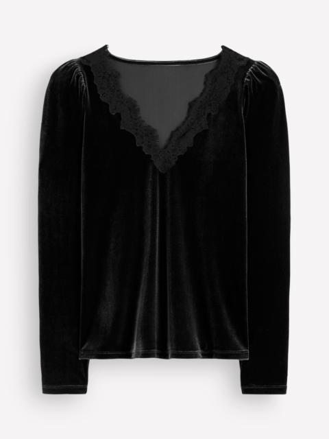 BODEN Lace Trim V-Neck Velvet Top-Black