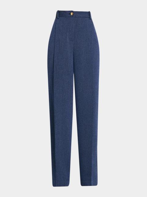 Oscar de la Renta Wool Drill Tailored Wide-Leg Trousers