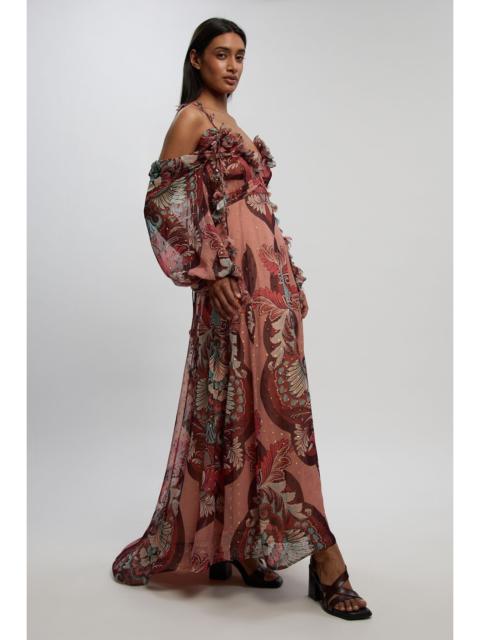 KAREN MILLEN Metallic Thread Printed Cold Shoulder Woven Maxi Dress