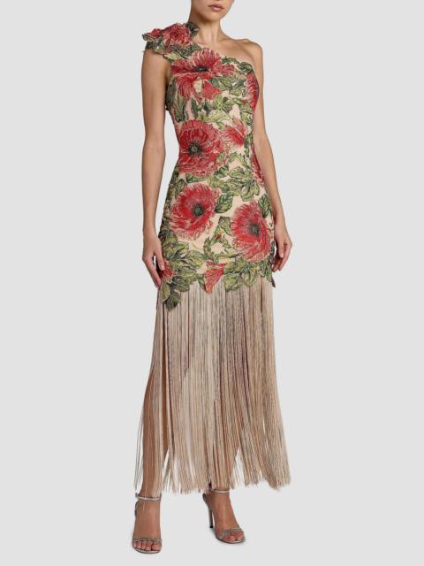 MAC DUGGAL Women's Floral Appliqué Fringed One-Shoulder Gown - Beige Multi