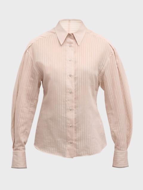 Cotton-Silk Tonal Striped Long-Sleeve Blouse