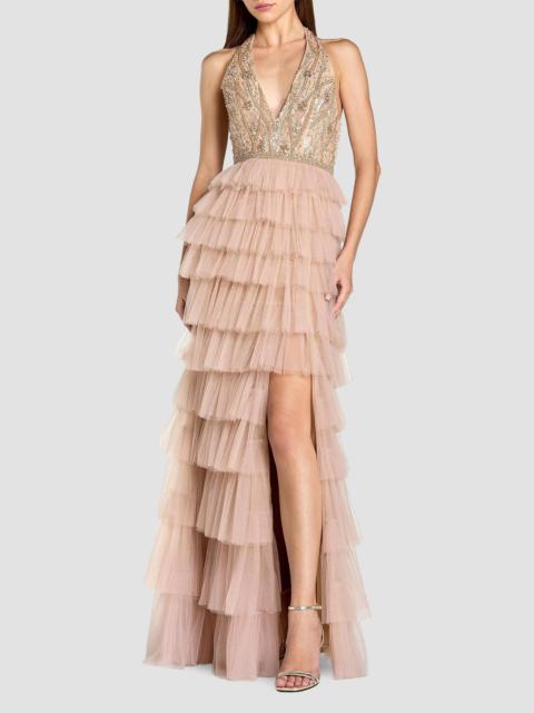 MAC DUGGAL Women's Beaded Tulle Ruffle Column Gown - Beige