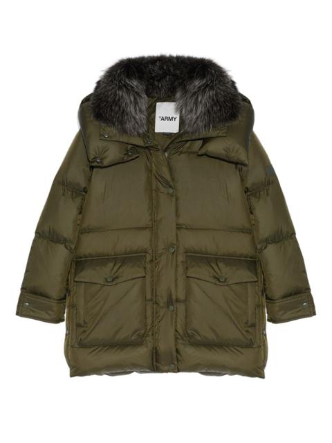 3/4-length puffer jacket made from a water-resistant technical fabric with a fox fur collar